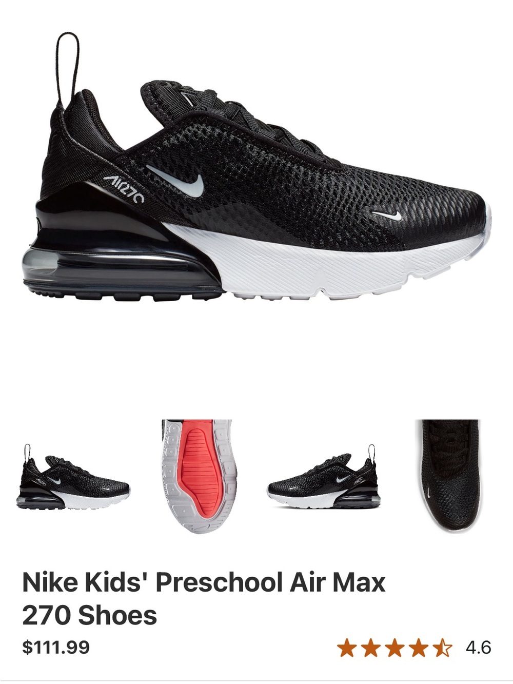 Nike Kids' Air Max 270 Sneakers - Black & White